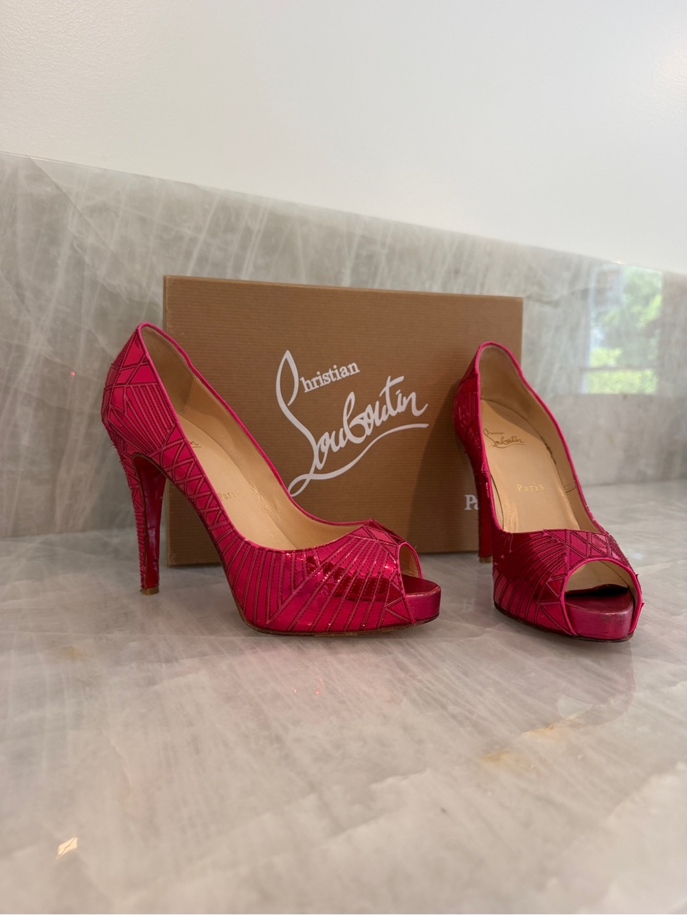 Christian Louboutin Fuchsia Open-Toe Satin Pumps